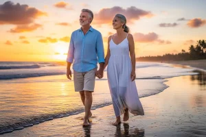An older couple walking along a beach at sunset, symbolizing a peaceful and enjoyable travel experience
