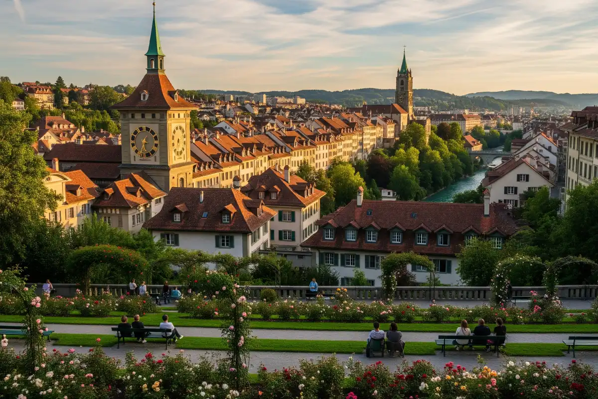 A photo of a panoramic view of Bern's Old Town from the Rose Garden.