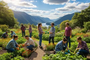 People are working in a garden, with a scenic backdrop, symbolizing a work exchange program
