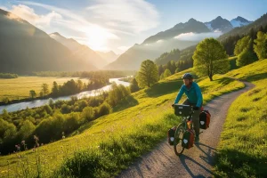 A person on a bike in a scenic landscape, symbolizing eco-friendly and low-cost travel