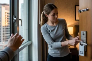 A person checking a hotel room door and window, symbolizing proactive safety measures for travelers
