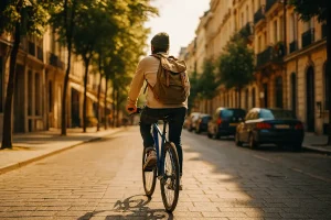 A person cycling through a scenic city street, with a backpack on, symbolizing the freedom and affordability of bike travel.