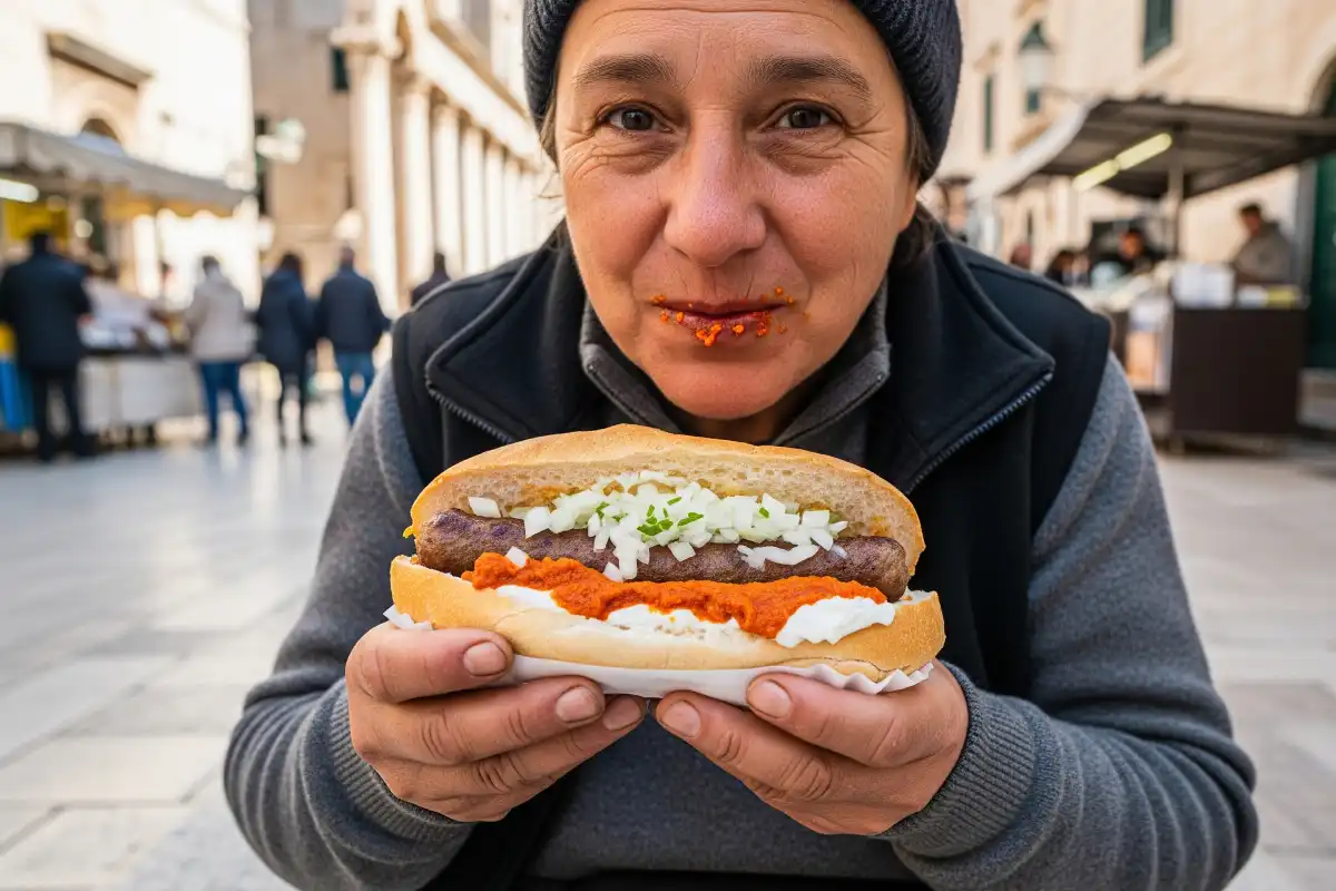 A photo of a local person eating a traditional Croatian street food.