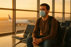 A person wearing a face mask at an airport, symbolizing safe and responsible travel during a pandemic.