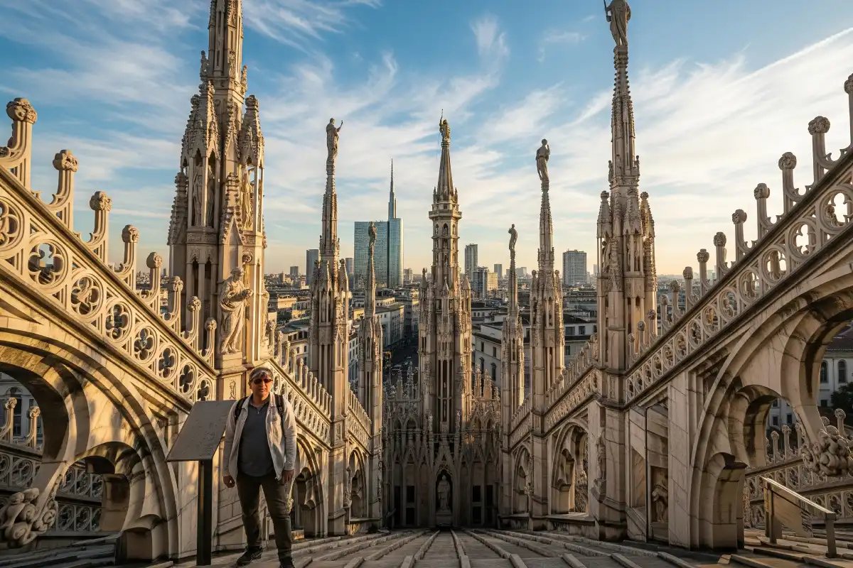 A photo of a person on the rooftop of the Milan Duomo Cathedral.