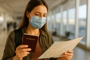 A person wearing a face mask in a public space, holding a passport and looking at a map, symbolizing cautious and prepared travel