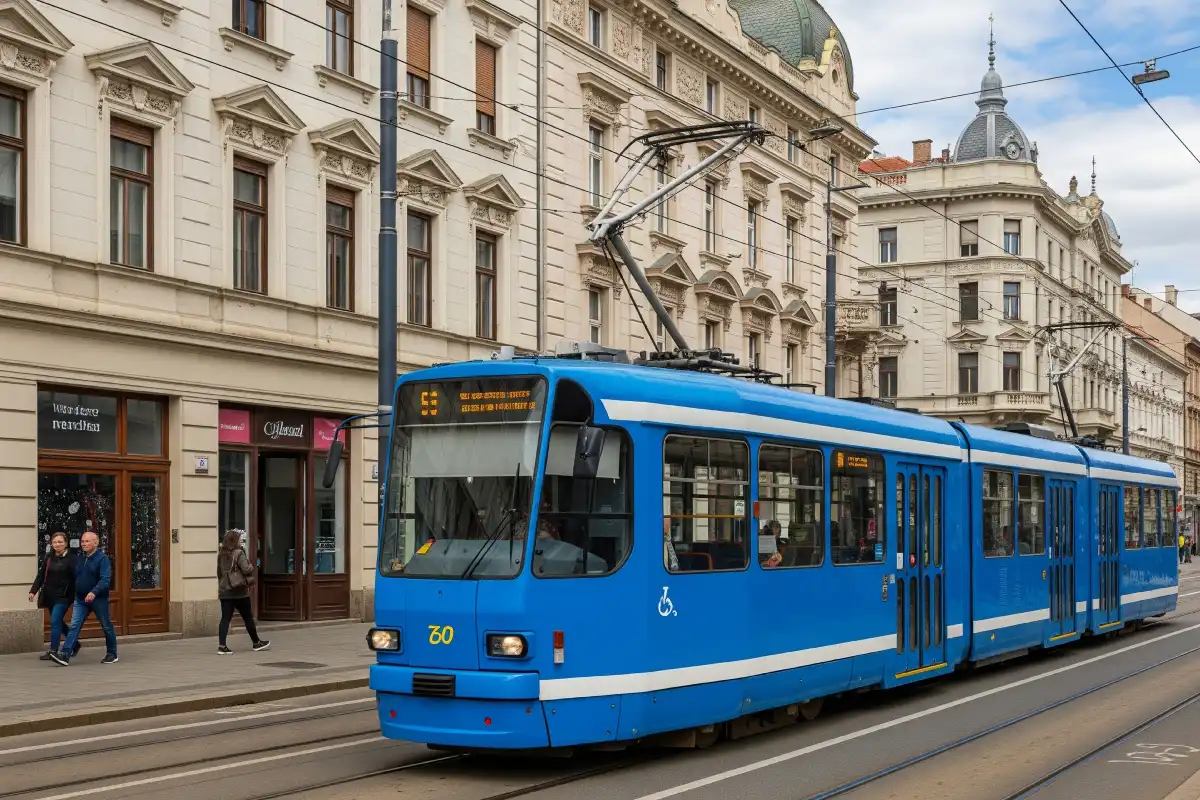 A photo of a blue tram on a street in Zagreb.