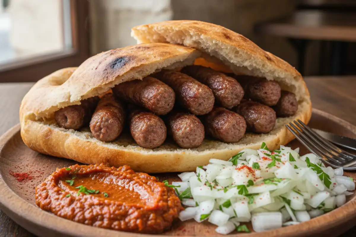 A photo of a Bosnian ćevapi meal in a somun bread.