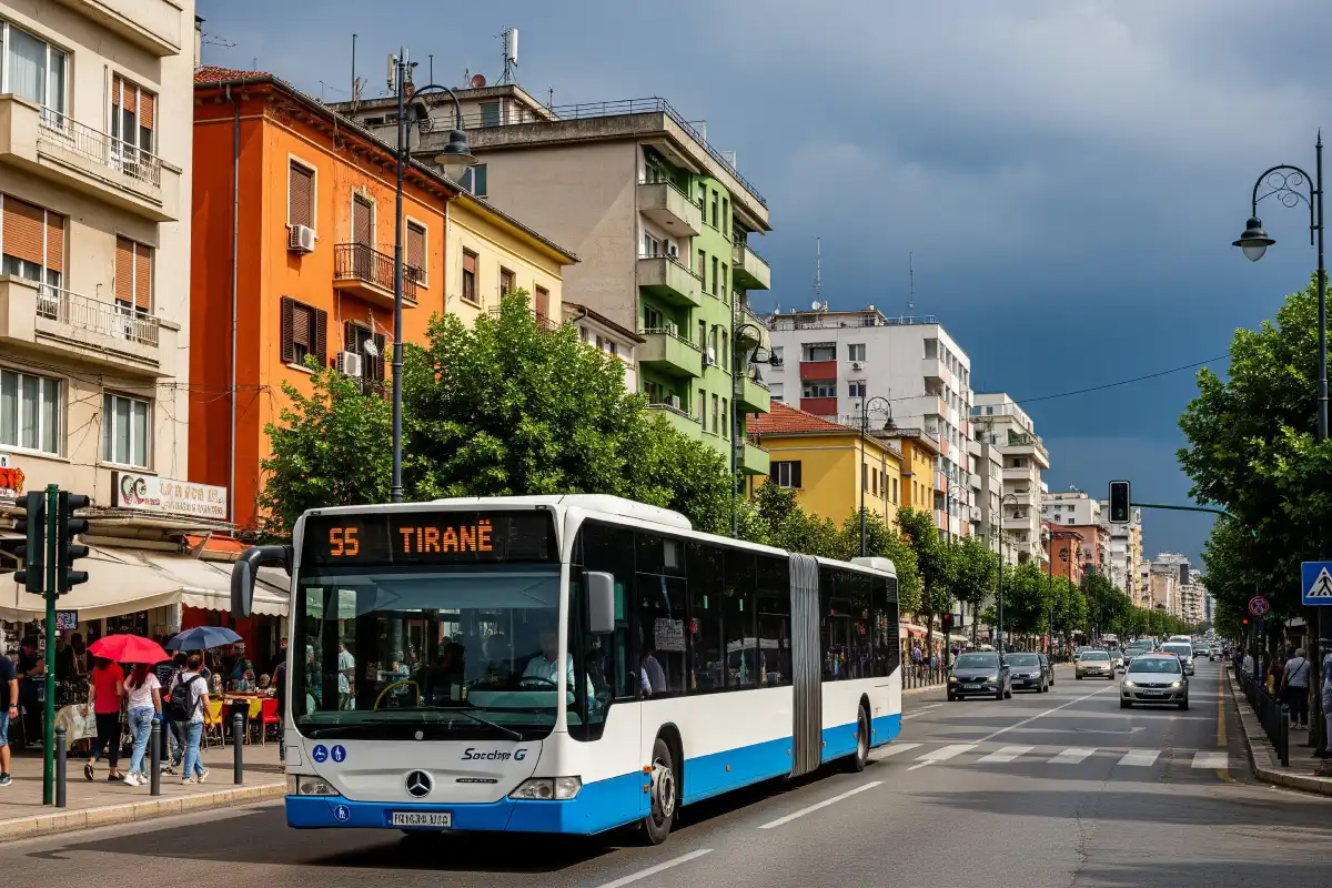A photo of a bus on a street in Tirana, Albania.
