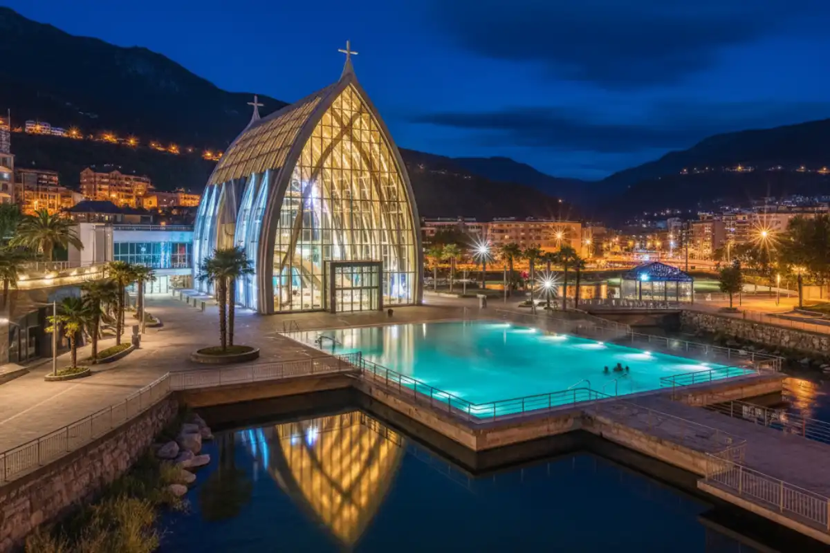 A photo of the Caldea Thermal Spa at night in Andorra.