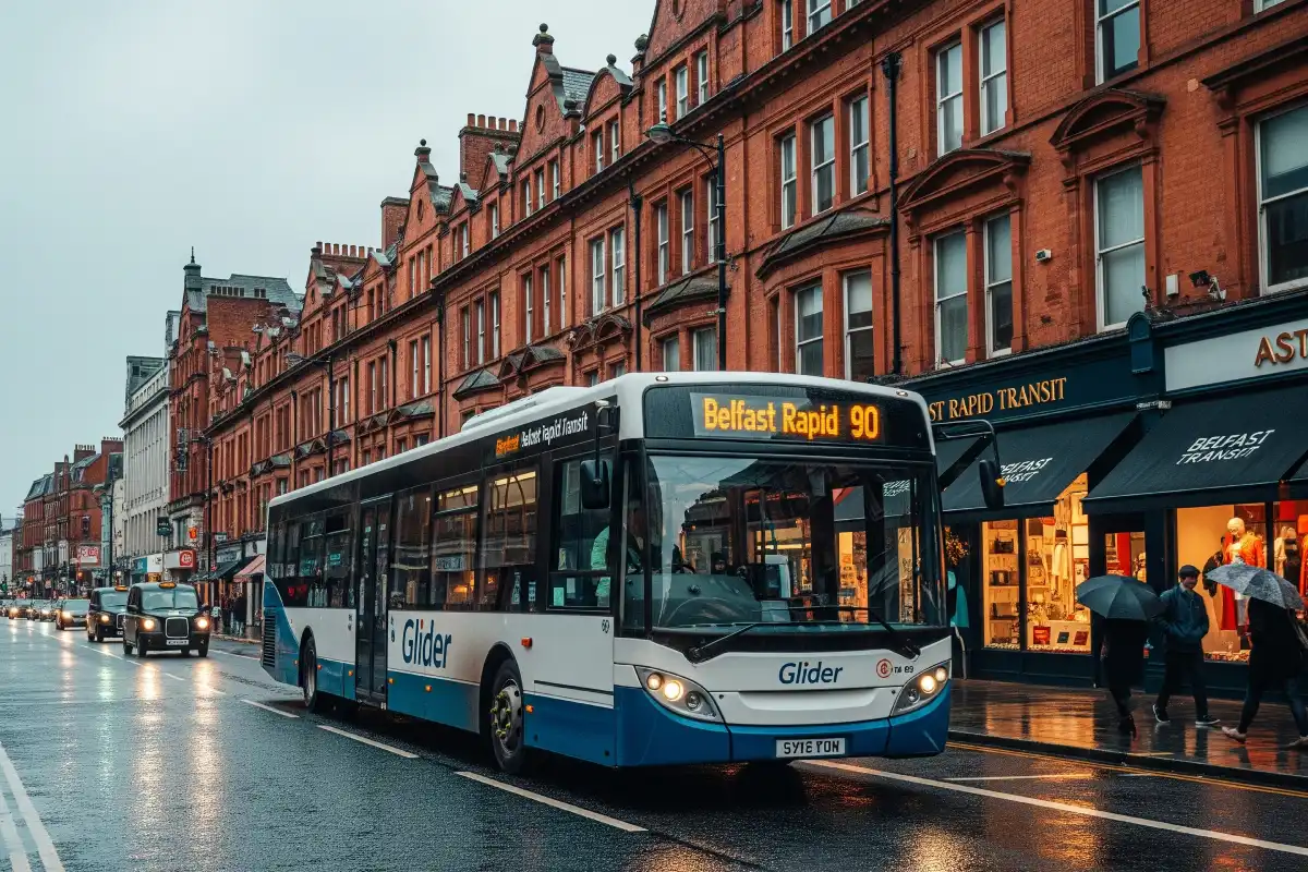 A photo of a Glider bus on a street in Belfast.