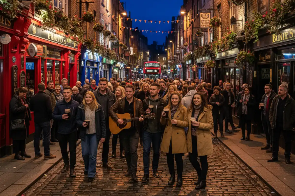 A photo of a lively street in Dublin with pubs.