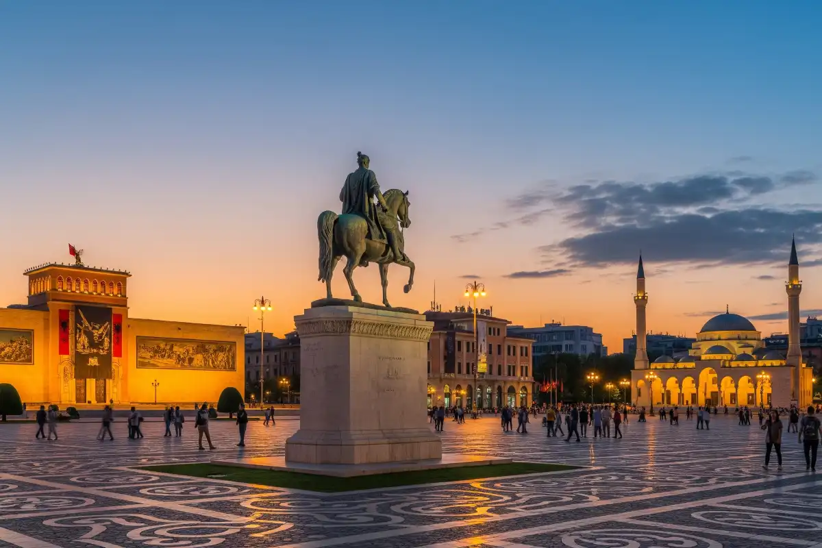 A photo of the main Skanderbeg Square in Tirana, Albania.