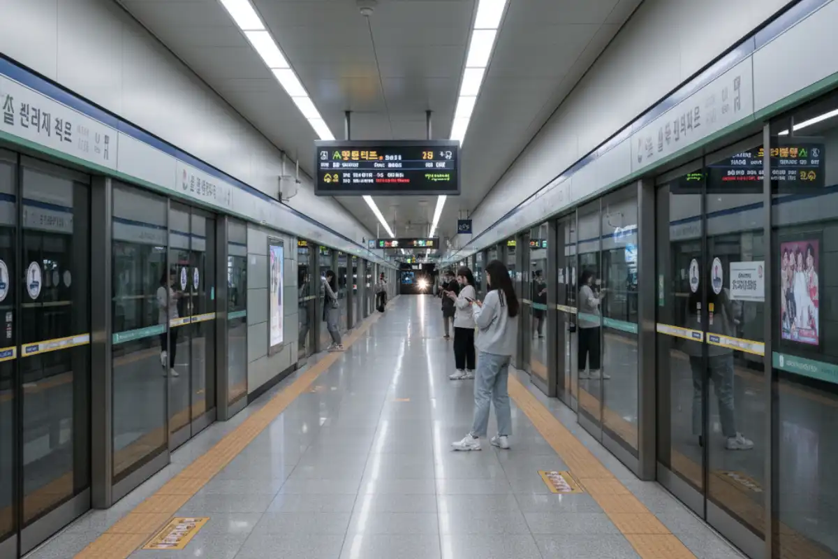 A photo of a modern, clean Seoul subway station.