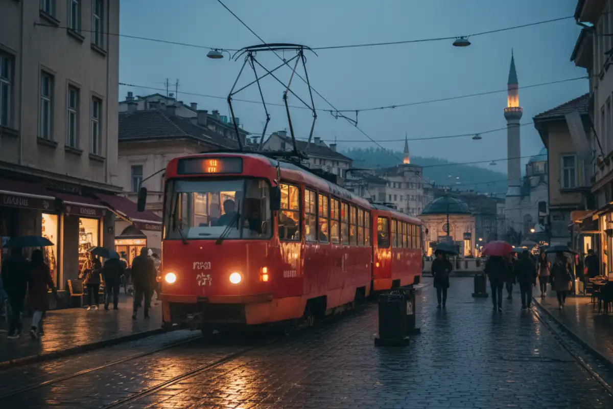 A photo of a Sarajevo tram on a street.
