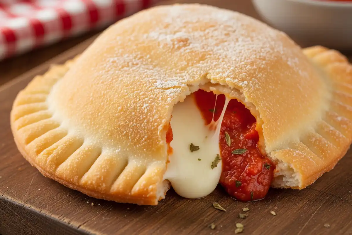 A photo of a Panzerotto, a fried pastry filled with tomato and mozzarella.