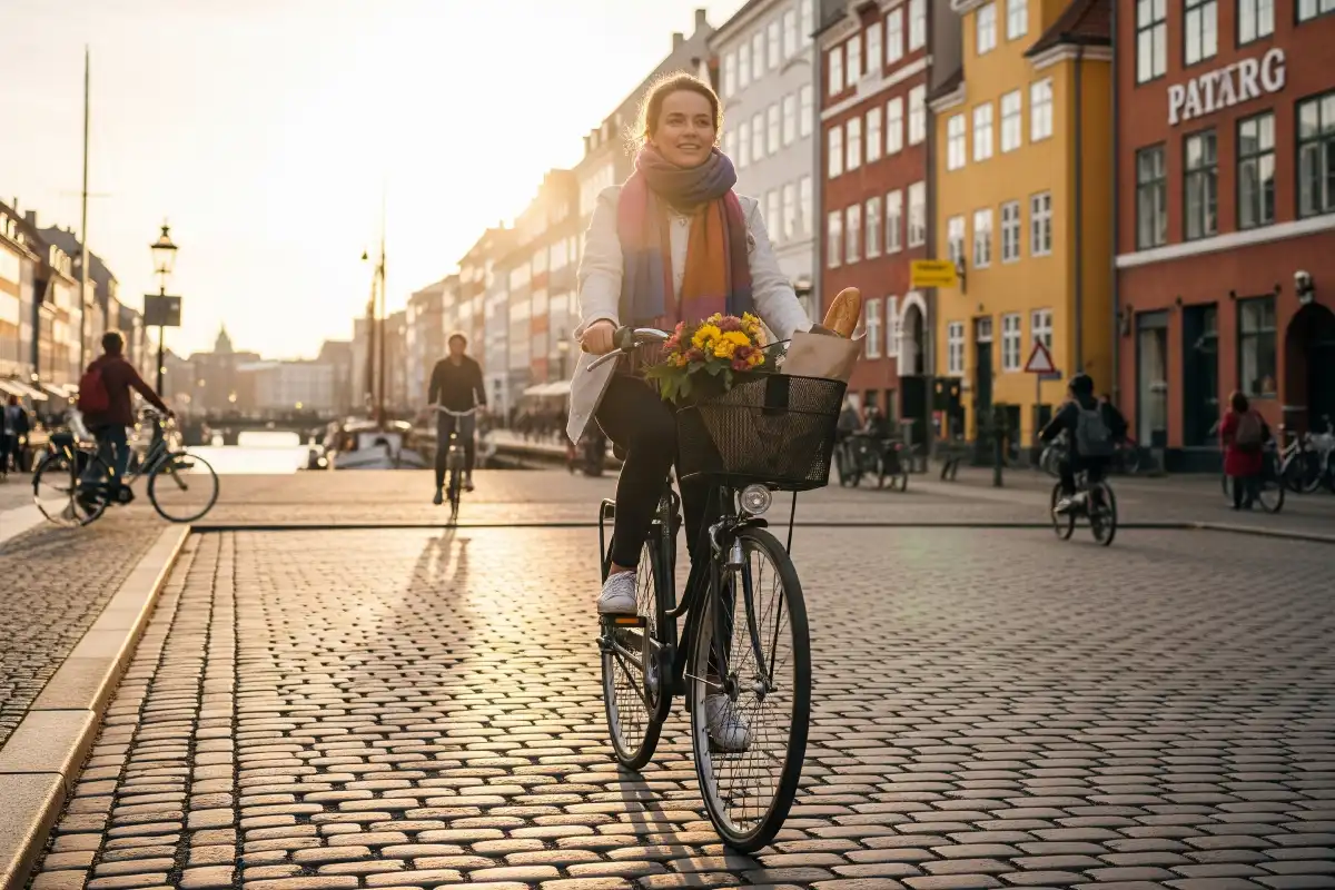 A photo of a person riding a bicycle in Copenhagen.