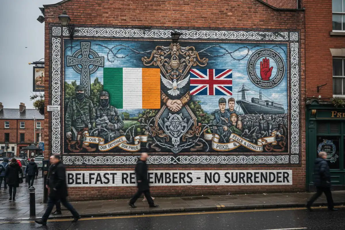 A photo of a political mural in Belfast, Northern Ireland.