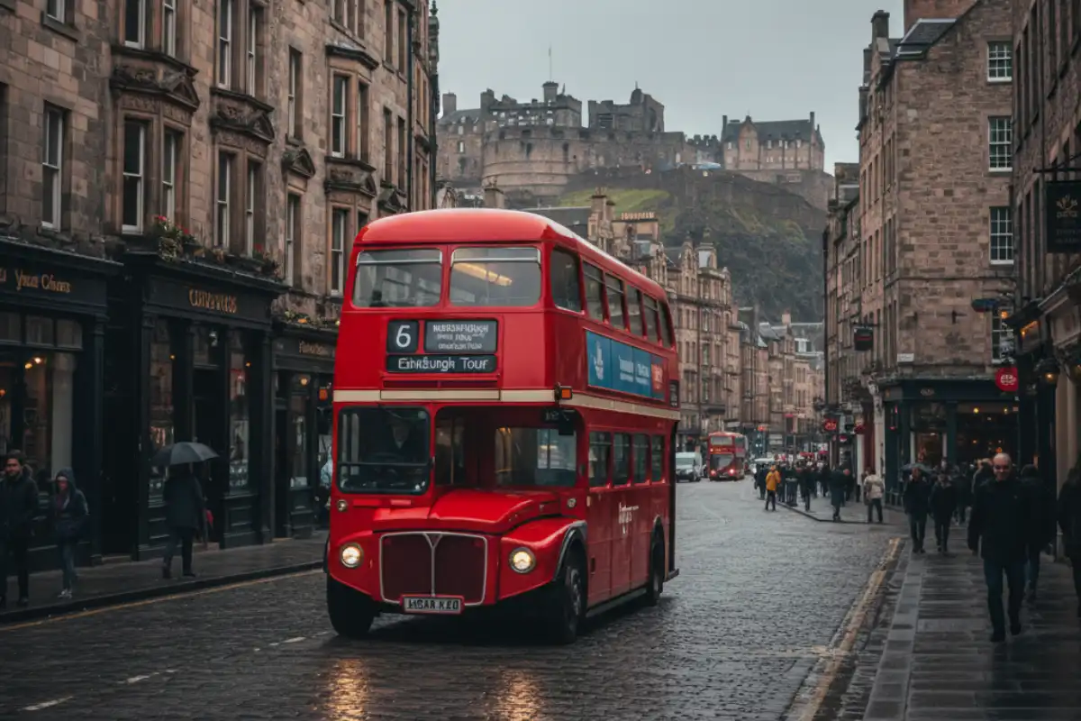 A photo of a red double-decker bus in Edinburgh.