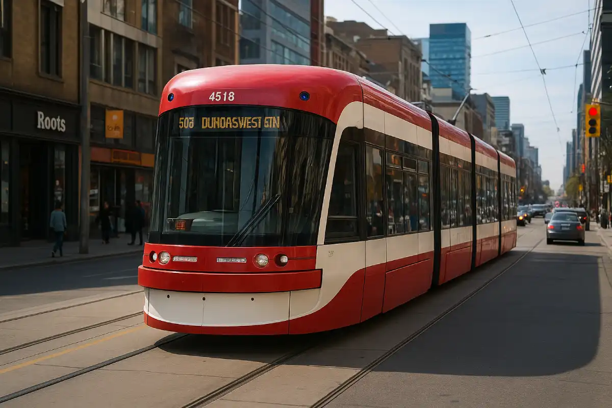 A photo of a Toronto streetcar on a busy street.