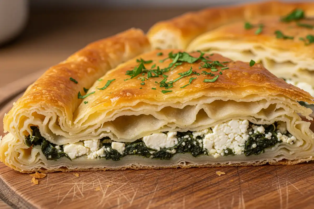 A photo of a traditional Albanian byrek, a savory pastry.