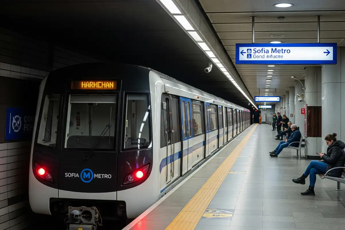 A photo of a train in a Sofia metro station.