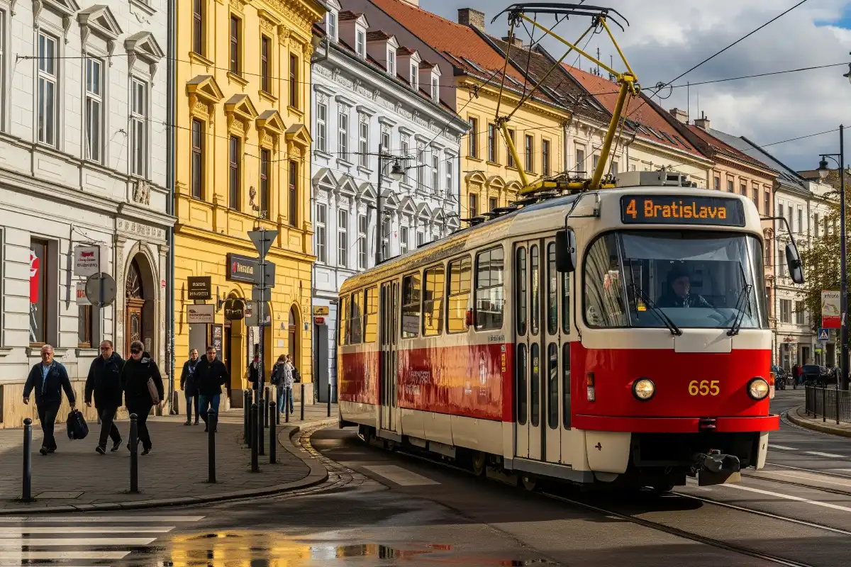 A photo of a tram in Bratislava.
