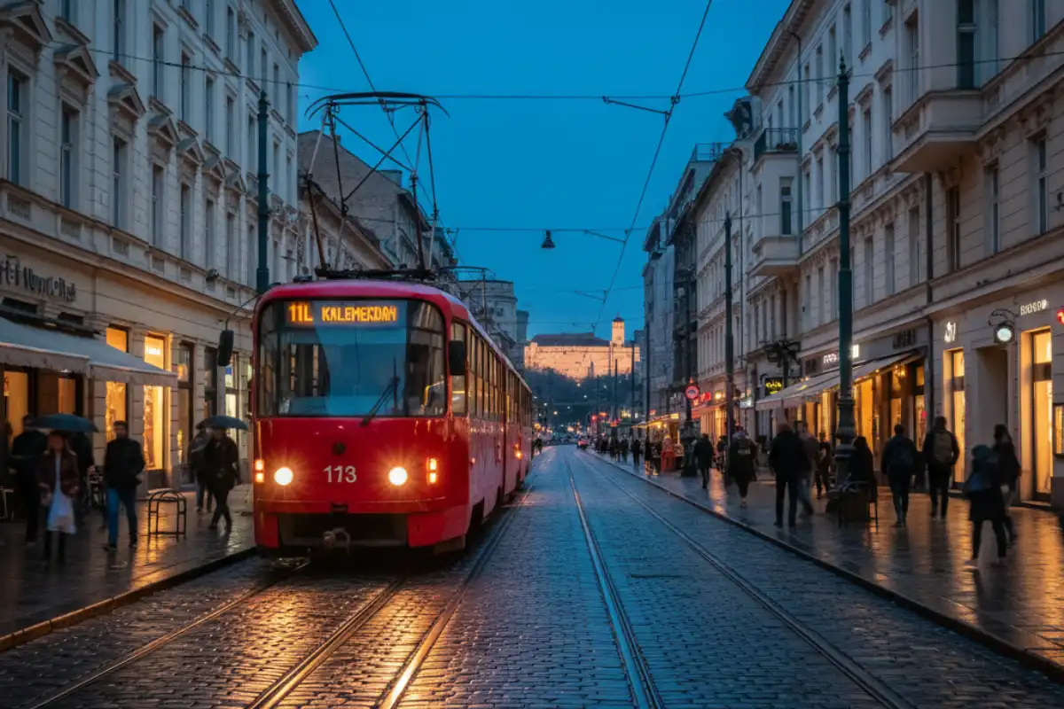 A photo of a tram on a street in Belgrade, Serbia.