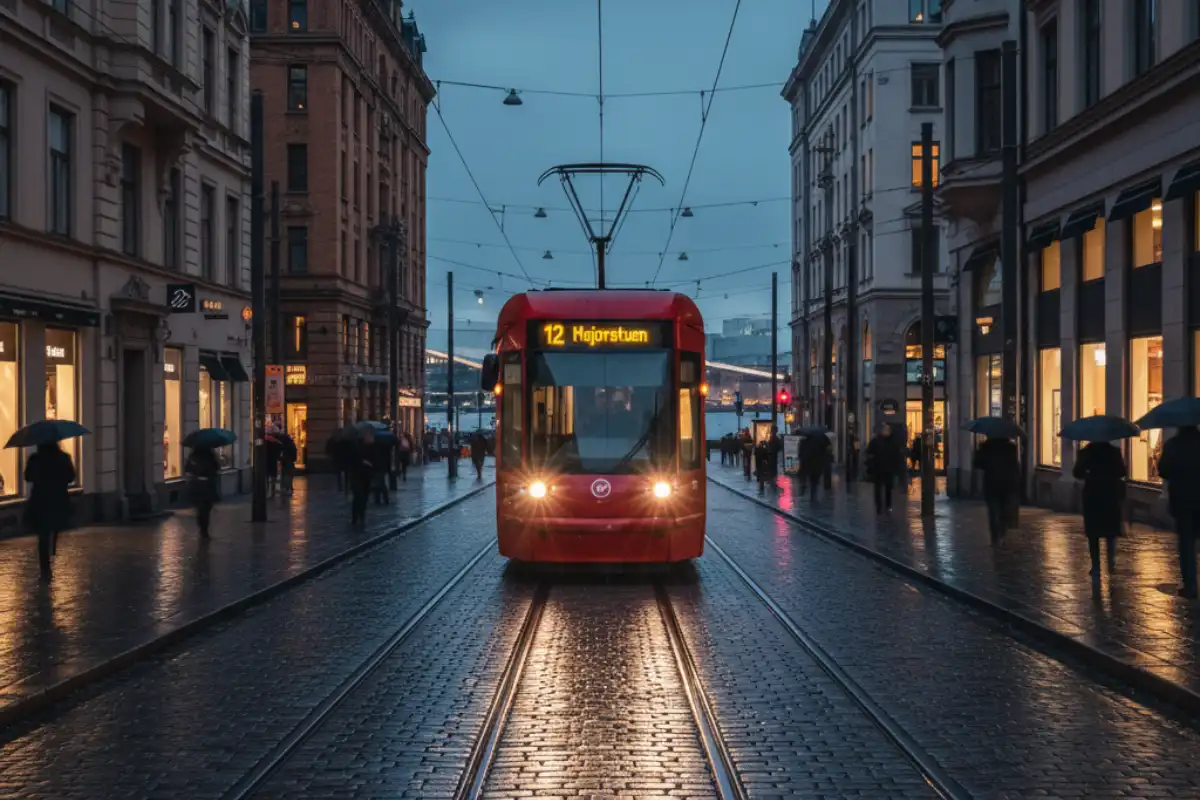A photo of a tram on a street in Oslo.