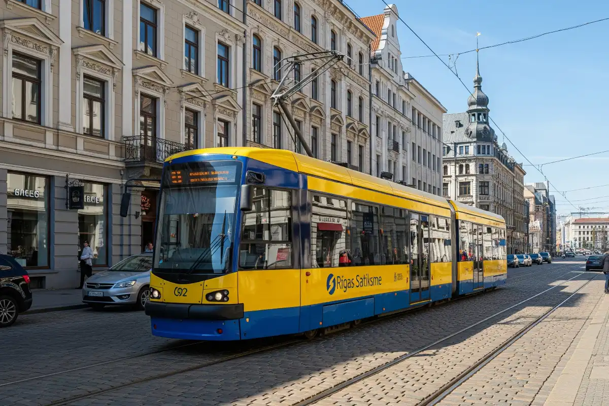 A photo of a tram on a street in Riga.