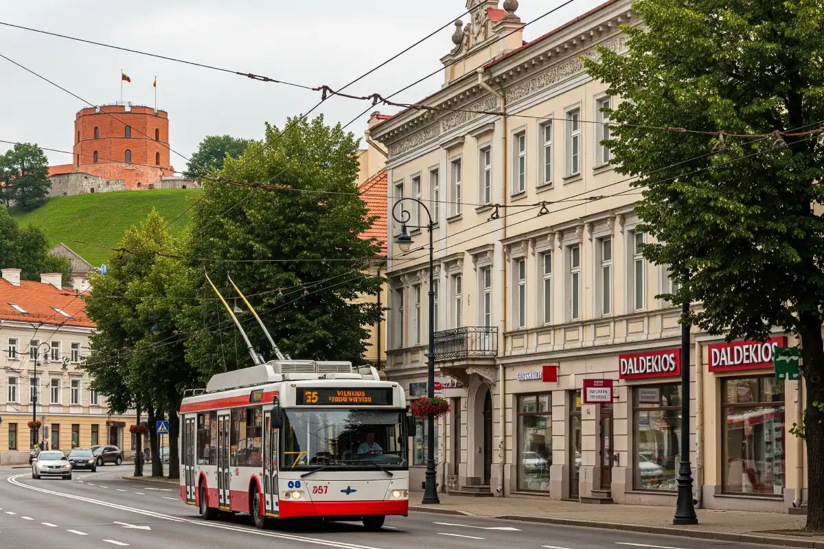 A photo of a trolleybus on a street in Vilnius.