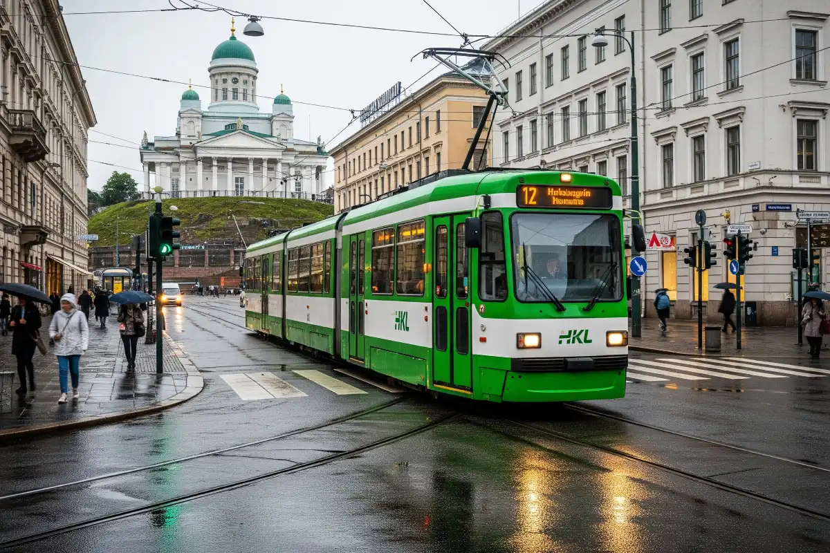 A photo of a typical tram in Helsinki's city center.