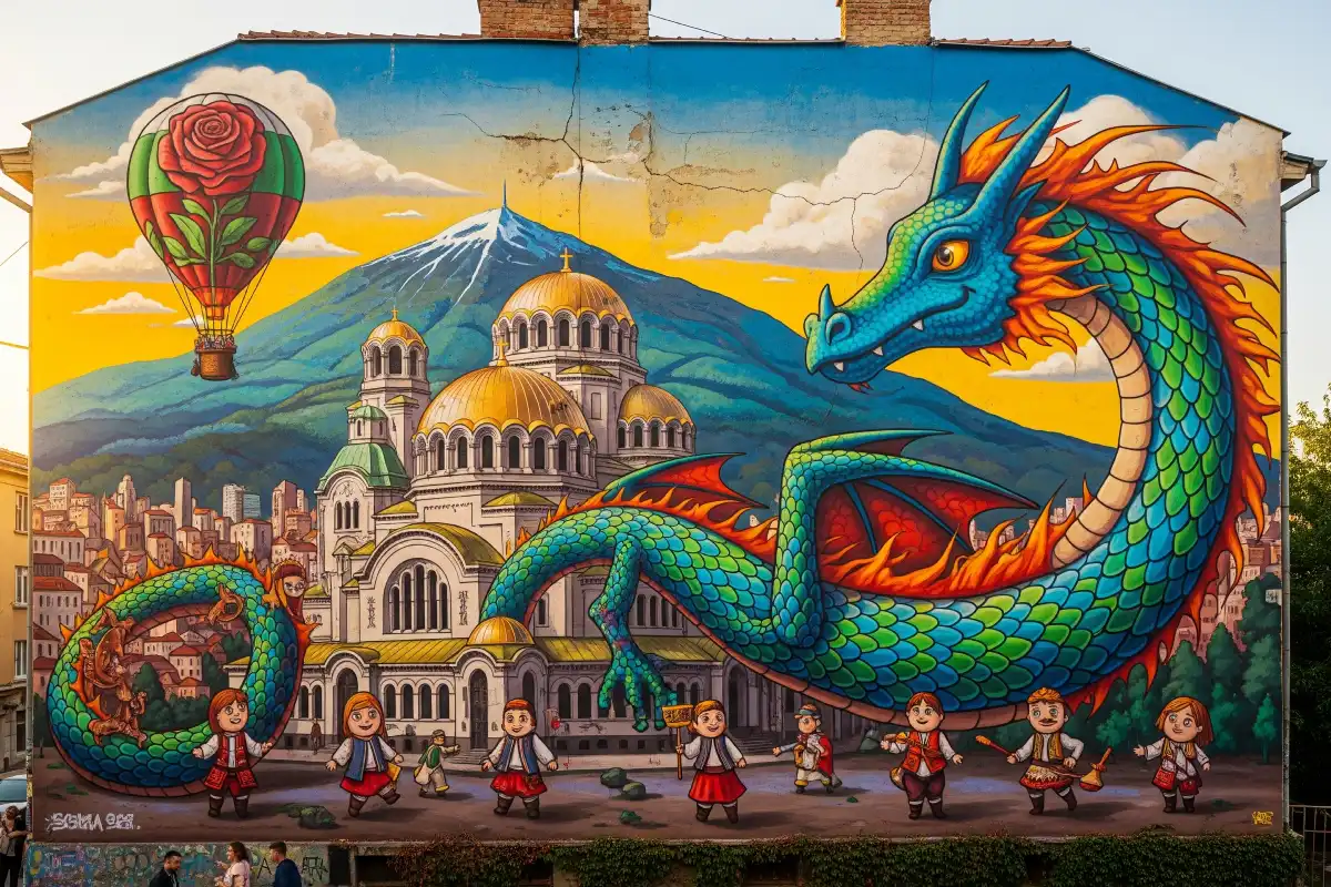 A photo of a vibrant street art mural in Sofia.
