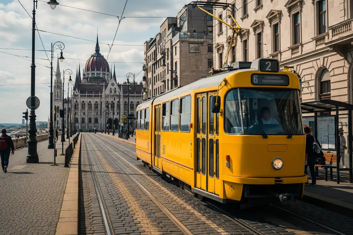 A photo of a yellow tram on a street in Budapest.