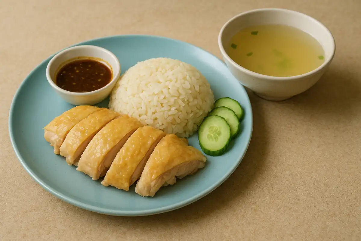 A plate of Hainanese Chicken Rice with a bowl of soup.