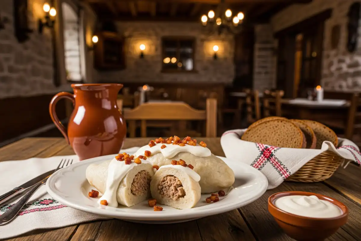 A photo of a plate of traditional Lithuanian food, including dumplings.