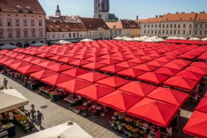 A photo of the red umbrellas at Dolac Market in Zagreb, Croatia.