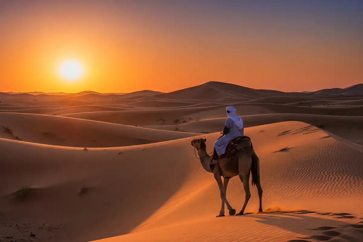 A photo of a person riding a camel in the Sahara Desert during sunset.