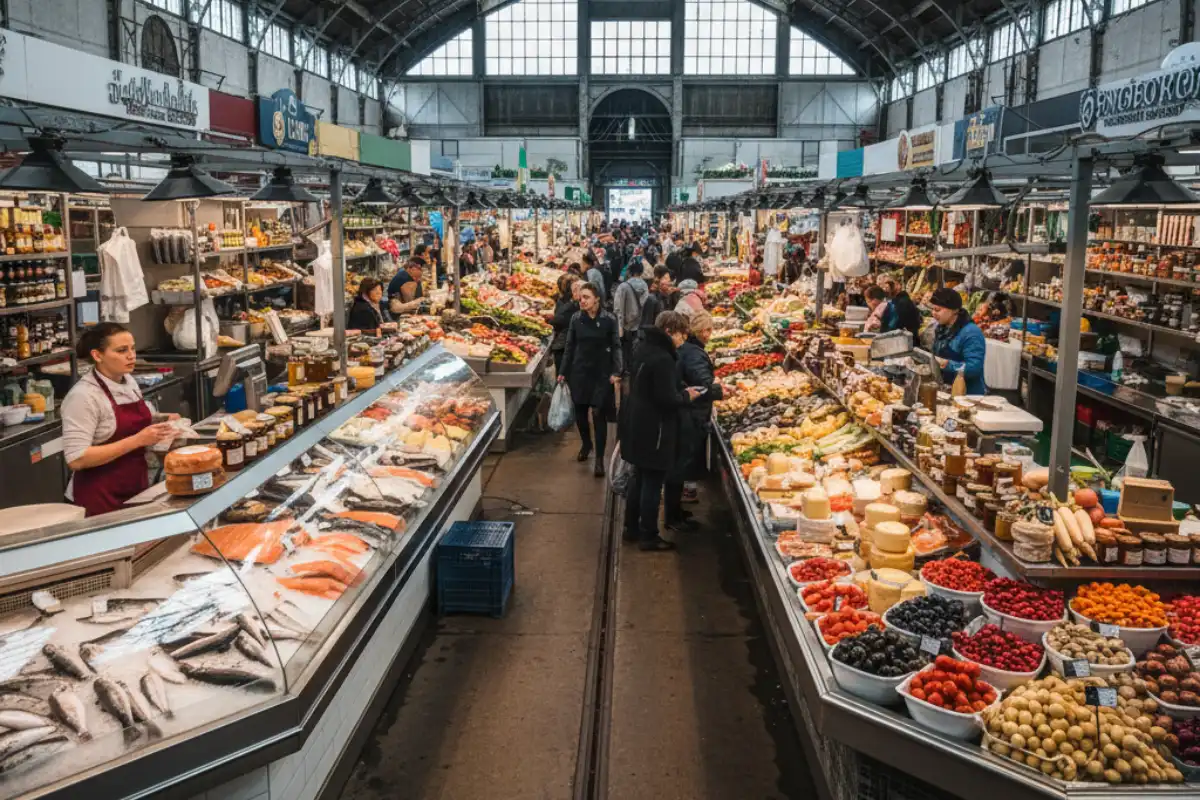 A photo of the Riga Central Market, showing a variety of food stalls.