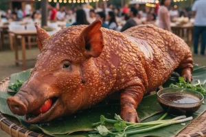 A whole roasted Filipino Lechon pig with crispy skin.