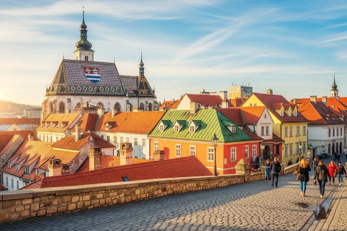 A photo of the colorful rooftops and cobblestone streets of Zagreb's Upper Town.