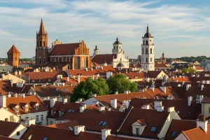 A photo of the rooftops and spires of Vilnius's Old Town