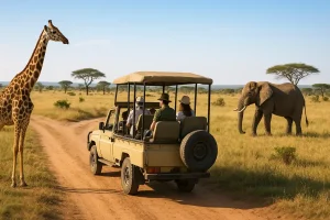 A safari vehicle on a dirt road in the African savanna, with a professional guide and tourists observing wildlife from a safe distance.