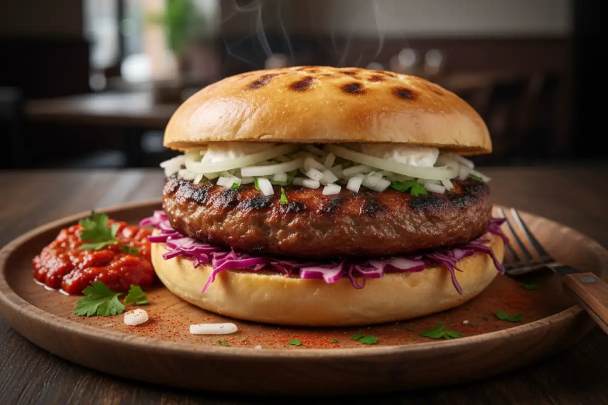 A photo of a Serbian pljeskavica, a grilled meat patty sandwich.