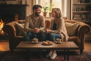 A traveler sitting on a comfortable couch, chatting with a local host in a cozy, authentic living room.