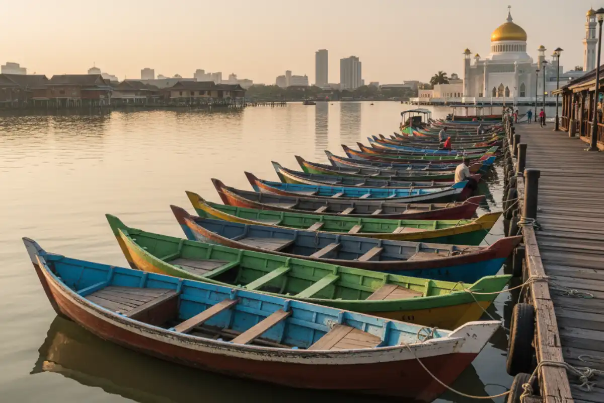 Small, wooden water taxis parked along the waterfront in Bandar Seri Begawan.