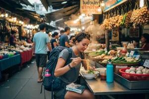A solo traveler enjoying a meal at a local market stall, symbolizing affordable and authentic food experiences