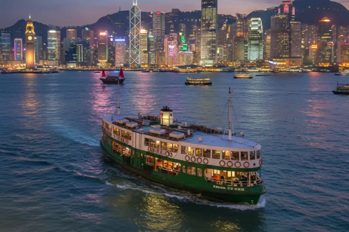 The iconic Star Ferry crossing Victoria Harbour in Hong Kong.