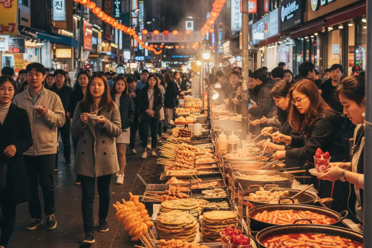 A variety of street food stalls in the Myeongdong area of Seoul.