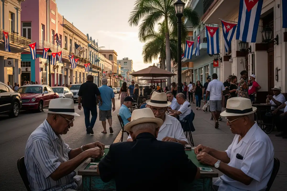 A photo of a street in Little Havana with Cuban flags and people playing dominoes.